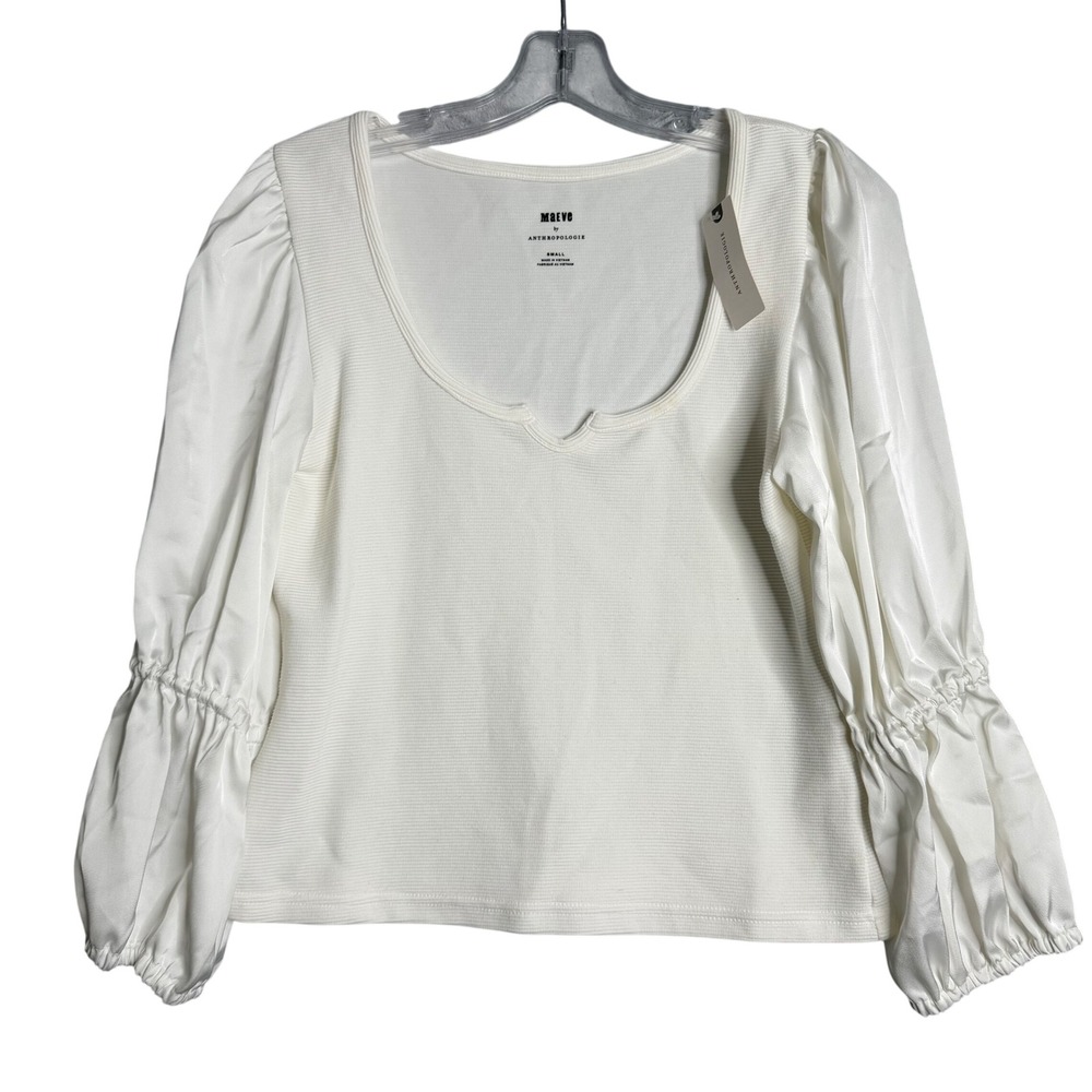 New Anthropologie Maeve Ribbed Tiered Sleeve Top Womens S White Boho Mixed Media